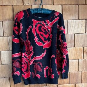 Floral Patterned Black and Red Sweater